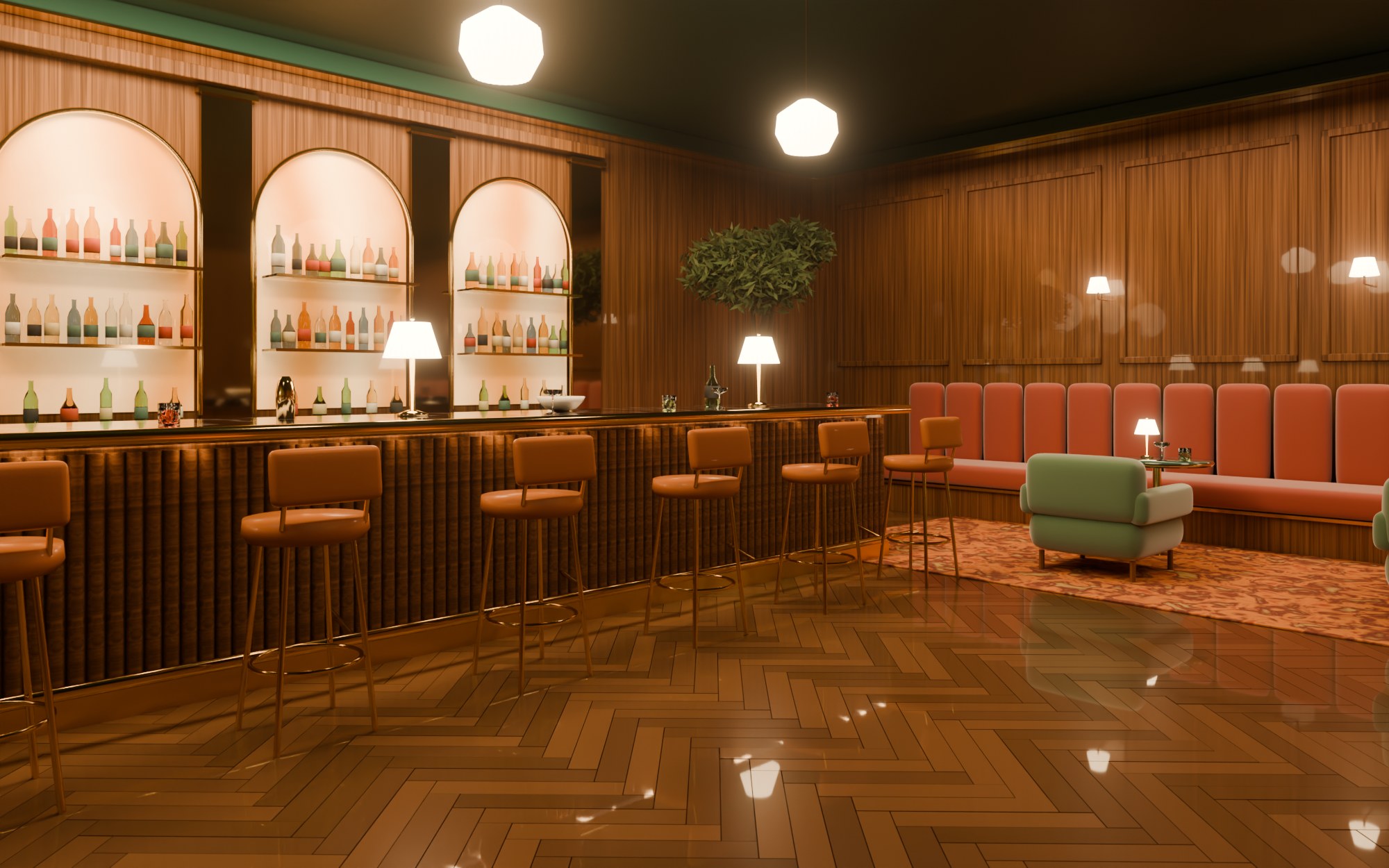 Rendering of a hotel bar at night: backlit onyx back bar with glass shelves, fluted brass bar front with a green marble top, and leather stools.