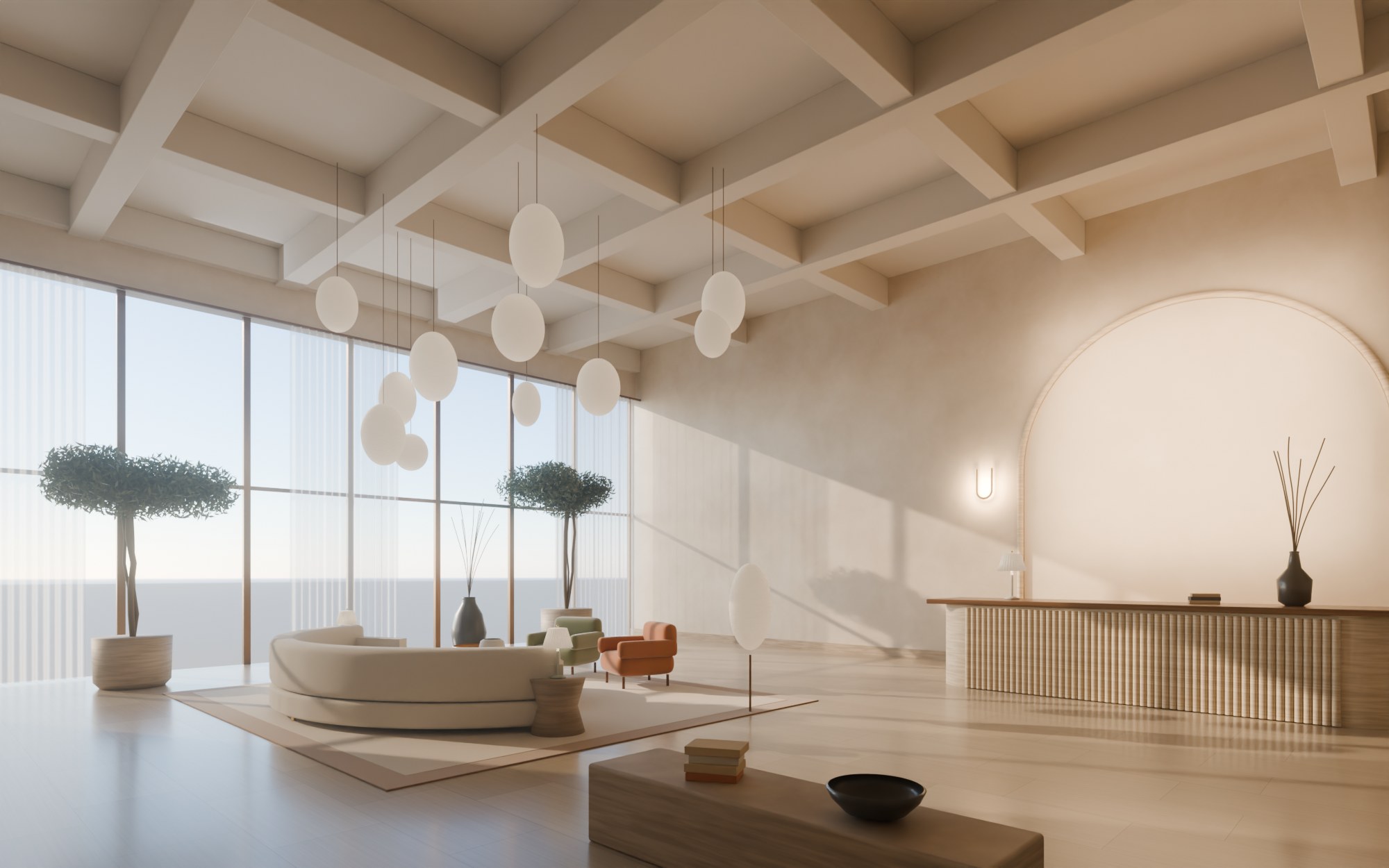 Rendering of a hotel lobby: double-height space with tall glazing, a walnut slat wall behind a fluted travertine reception desk, and a lounge of cream sofas under opal glass pendants.