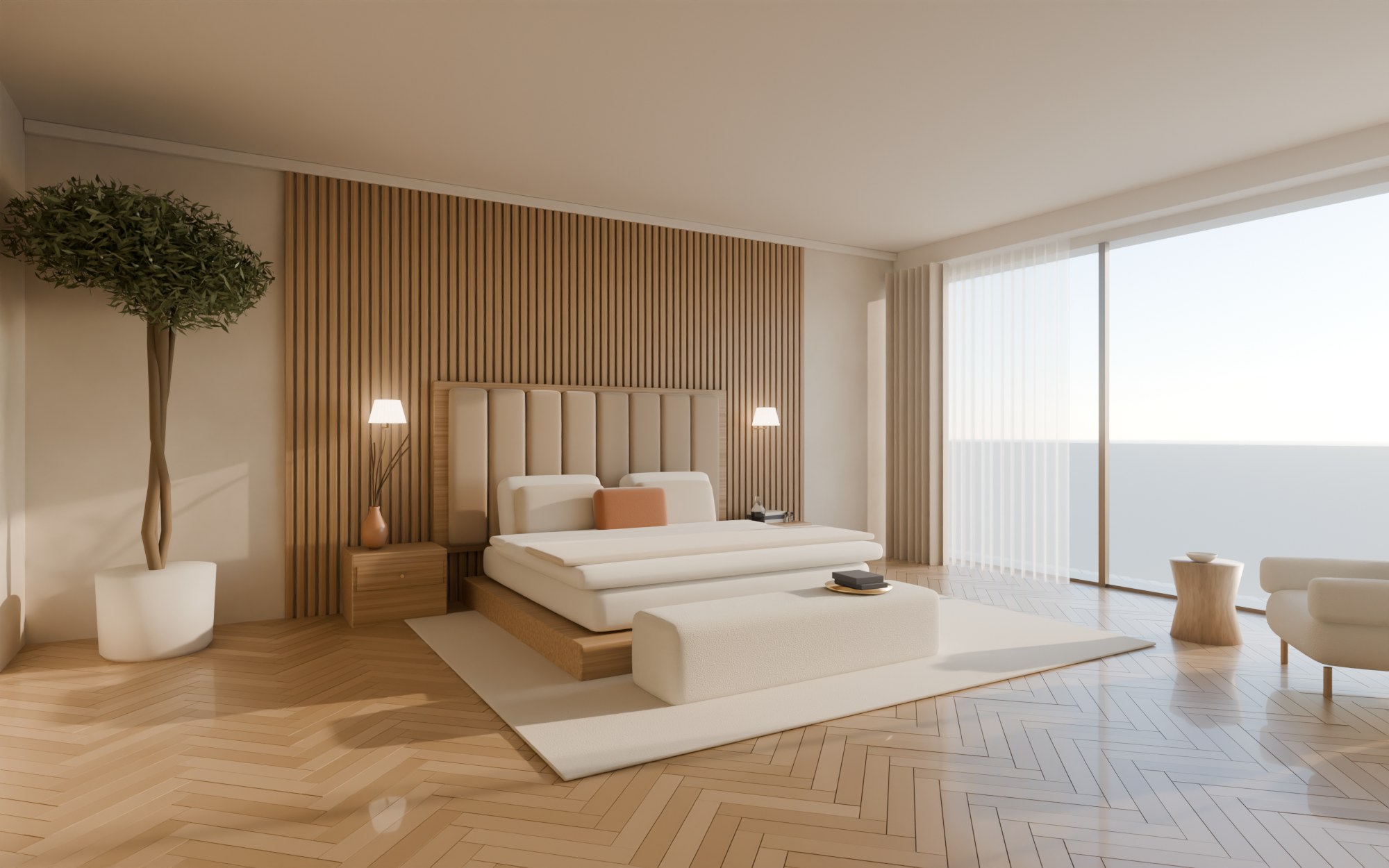 Rendering of a guest suite: oak floor, upholstered channel headboard, linen bedding and sheer curtains in late-afternoon light.